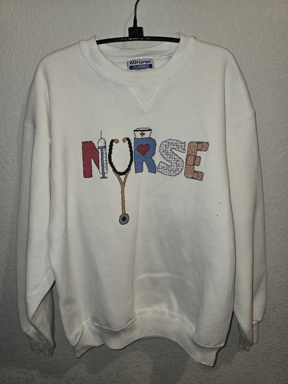 Vintage Hanes Classics USA Made White "NURSE" Embroidered Sweatshirt - Size L